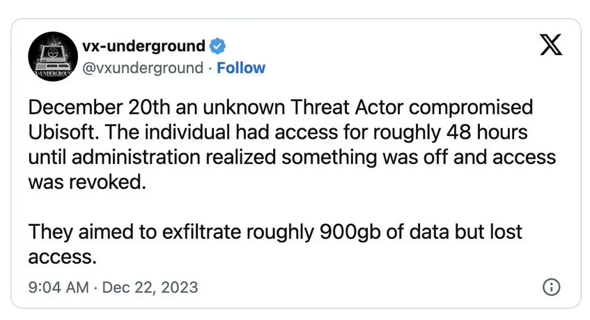 育碧正调查近期网络攻击导致900G数据丢失事件