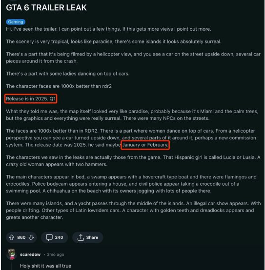 《GTA6》正式发售日为2025年2月18日